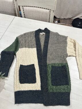 Women’s Patchwork Cable-Knit Cardigan Sweater - Green, Cream, Gray, Navy